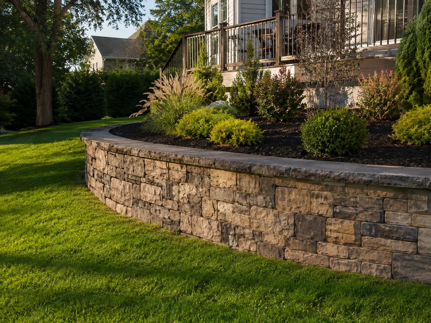 Block retaining wall built into a sloped South Jersey yard